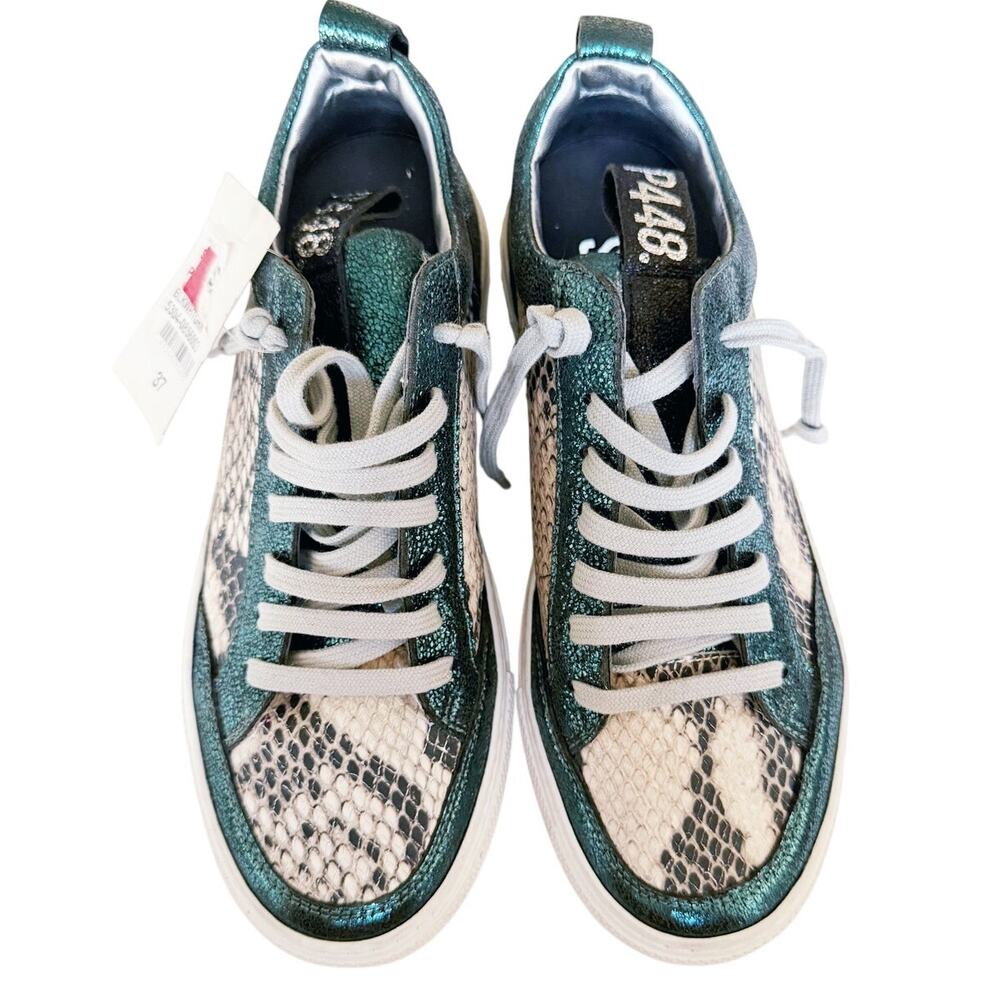 P448 Soho Sneakers NWT Green Metallic Snakeskin Embossed Made in Italy Size 37